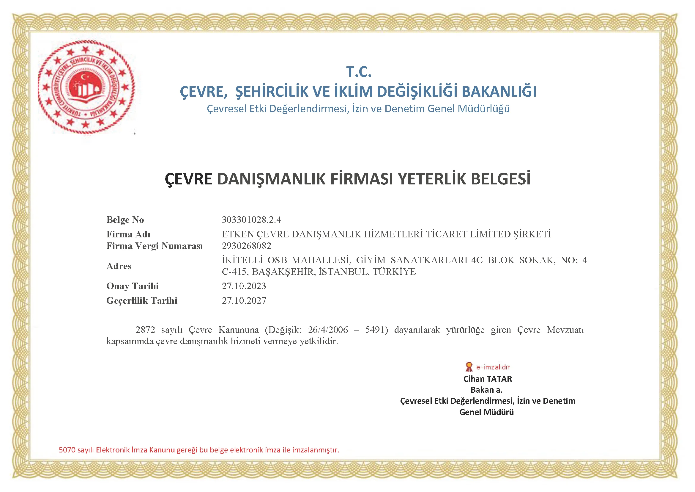 Çevre Danışmanlık Firması Yeterlik Belgesi